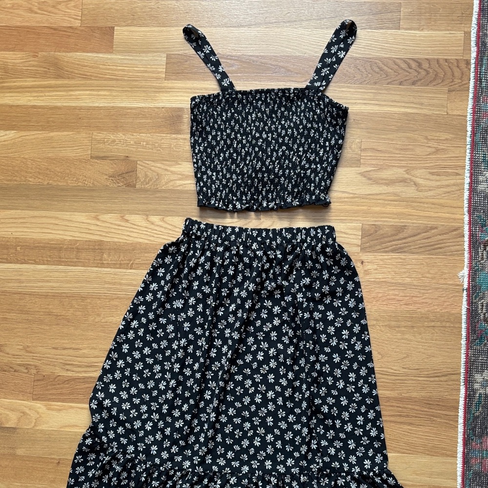 SHEIN Black Floral Smocked Top and Skirt